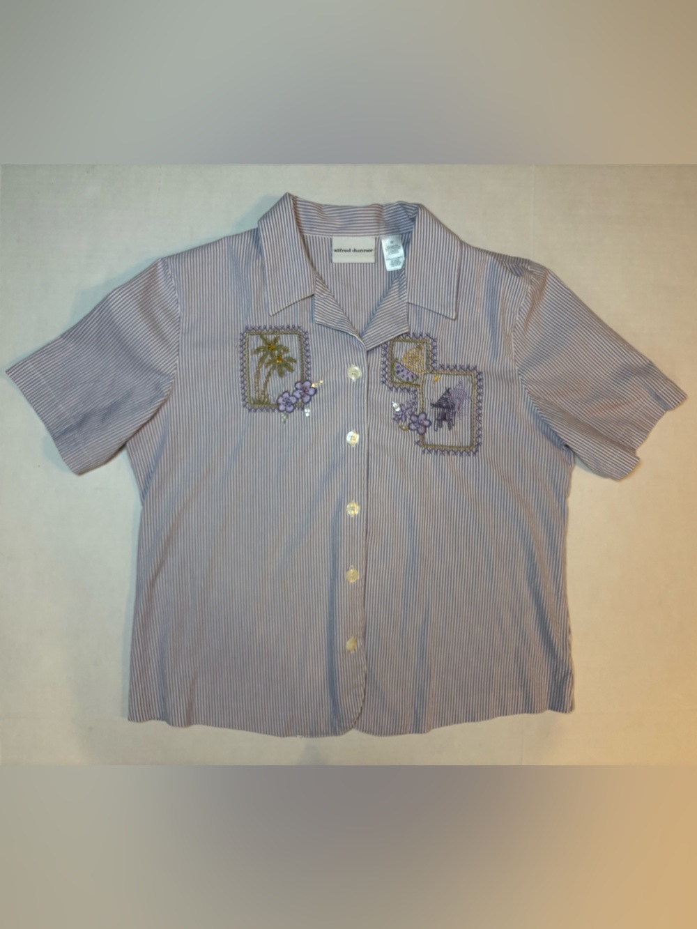 Alfred Dunner Lavender Striped Blouse Tropical Floral Palm Tree Size 10
